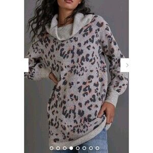 ANTHROPOLOGIE Emmy Cowl Neck Tunic Sweater Women Size XS Animal Print Oversized